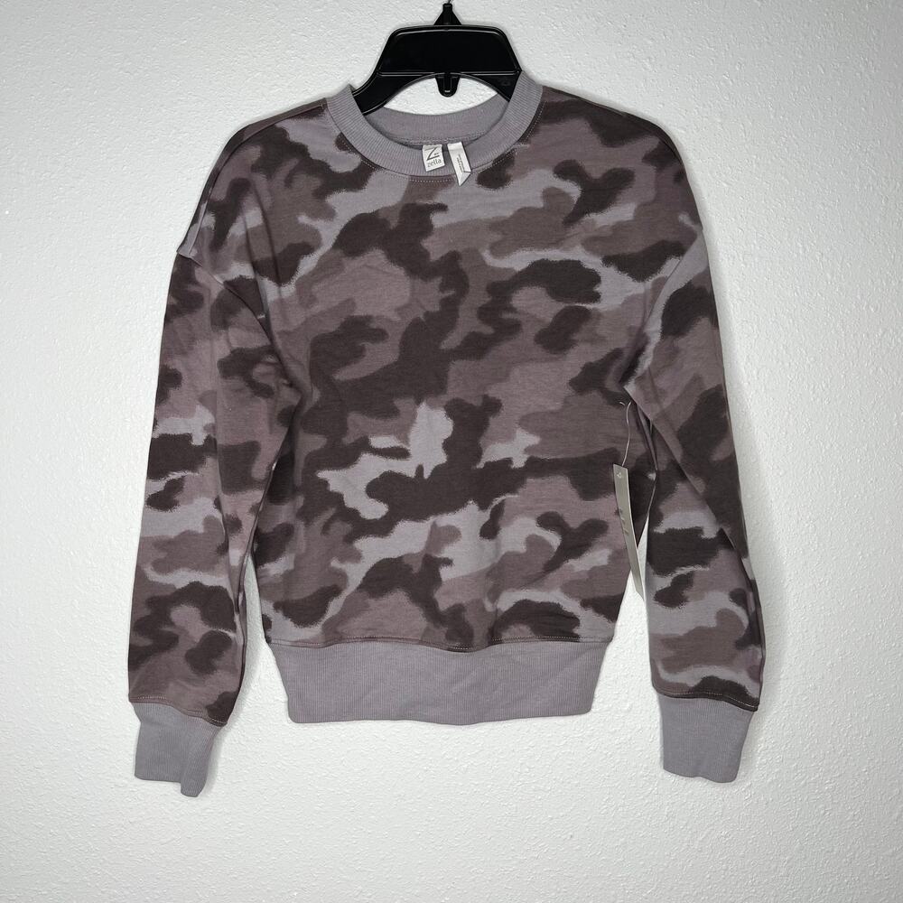 New Z by Zella Gray Crew Neck Pullover Camo Sweater Long Sleeve Women's Size L